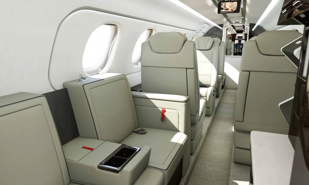 Embraer Phenom 300E private jet cabin.