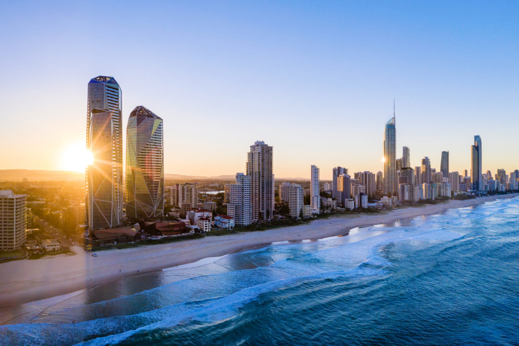 The Gold Coast skyline at sunset.
