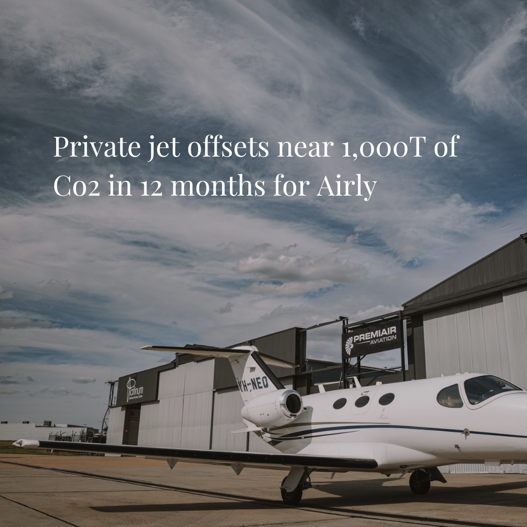 Private jet offsets near 1,000T of Co2 in 12 months for Airly Airly